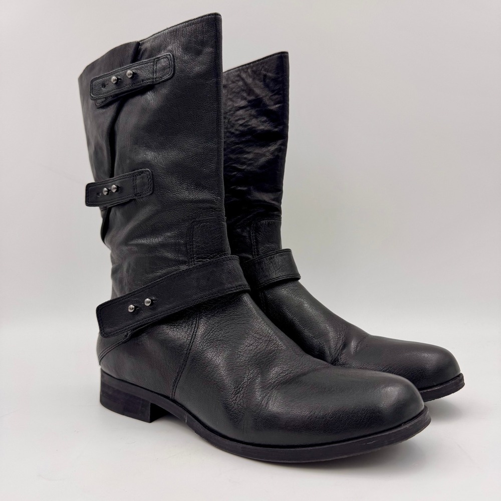 Eileen Fisher Motor Mid Calf Black Leather Moto Boots Studded Harness Zipper 9
